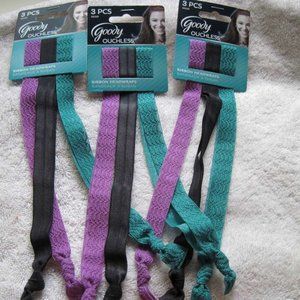 3 sets of 3 Goody Fabric Lace Ribbon Headwraps Head Bands Black Teal Purple Soft
